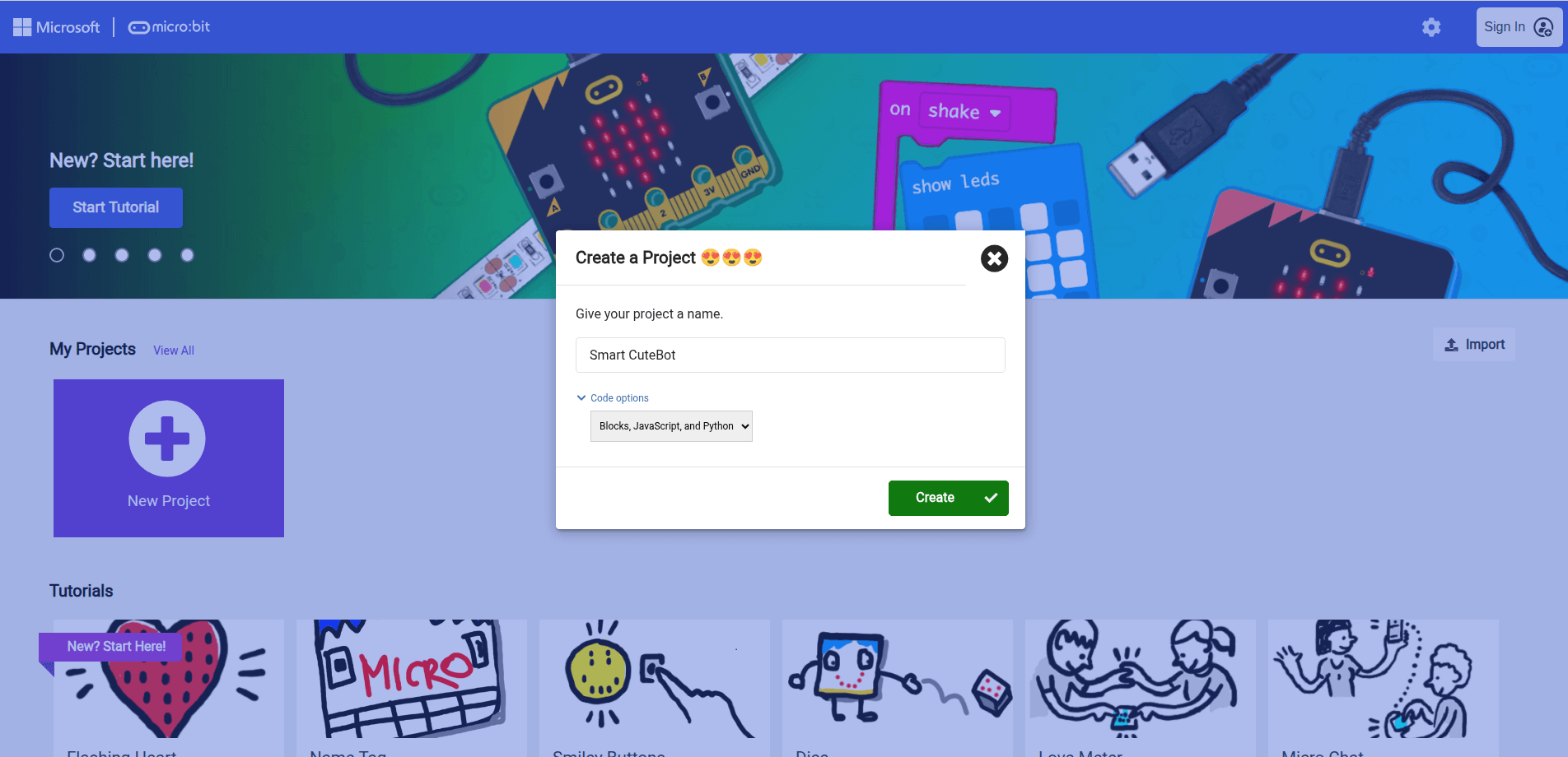 Microsoft MakeCode - Create a new project